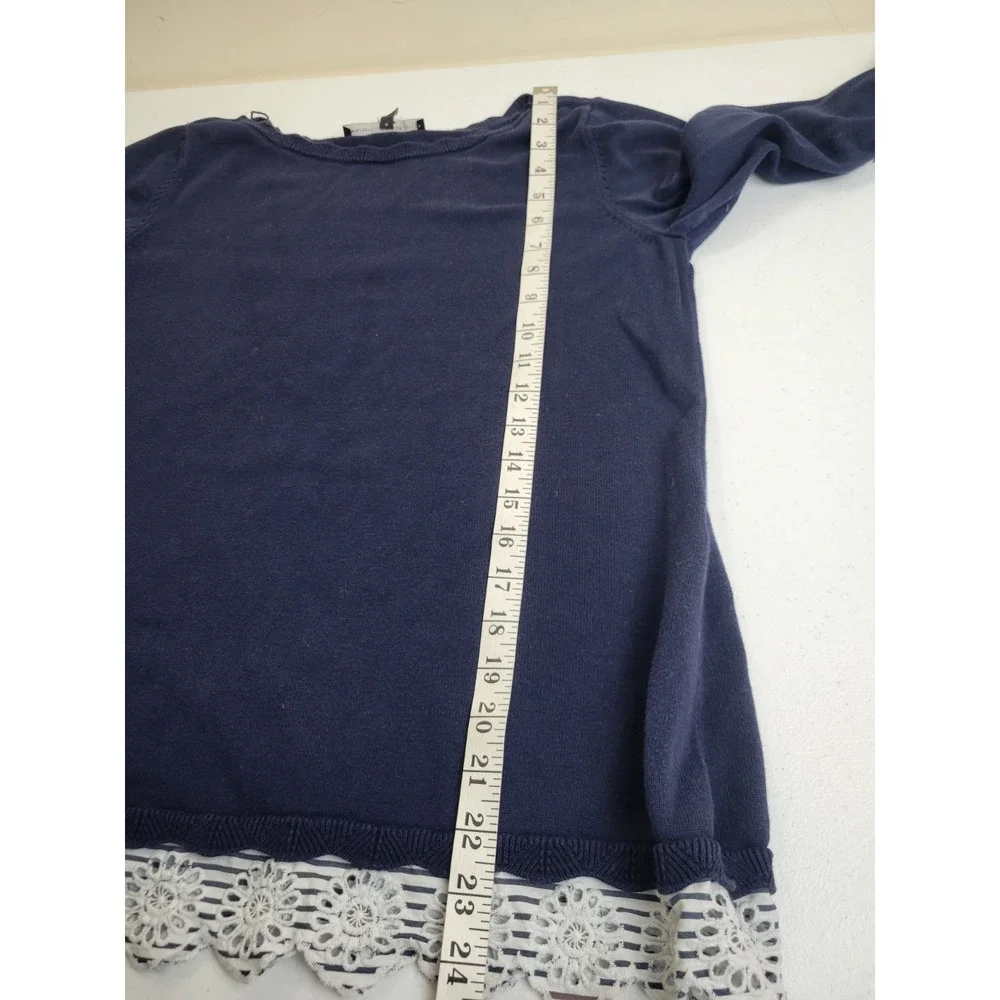 White House Black Market Sweater Lace Hem Striped Cuff Knit Pullover Navy Blue L